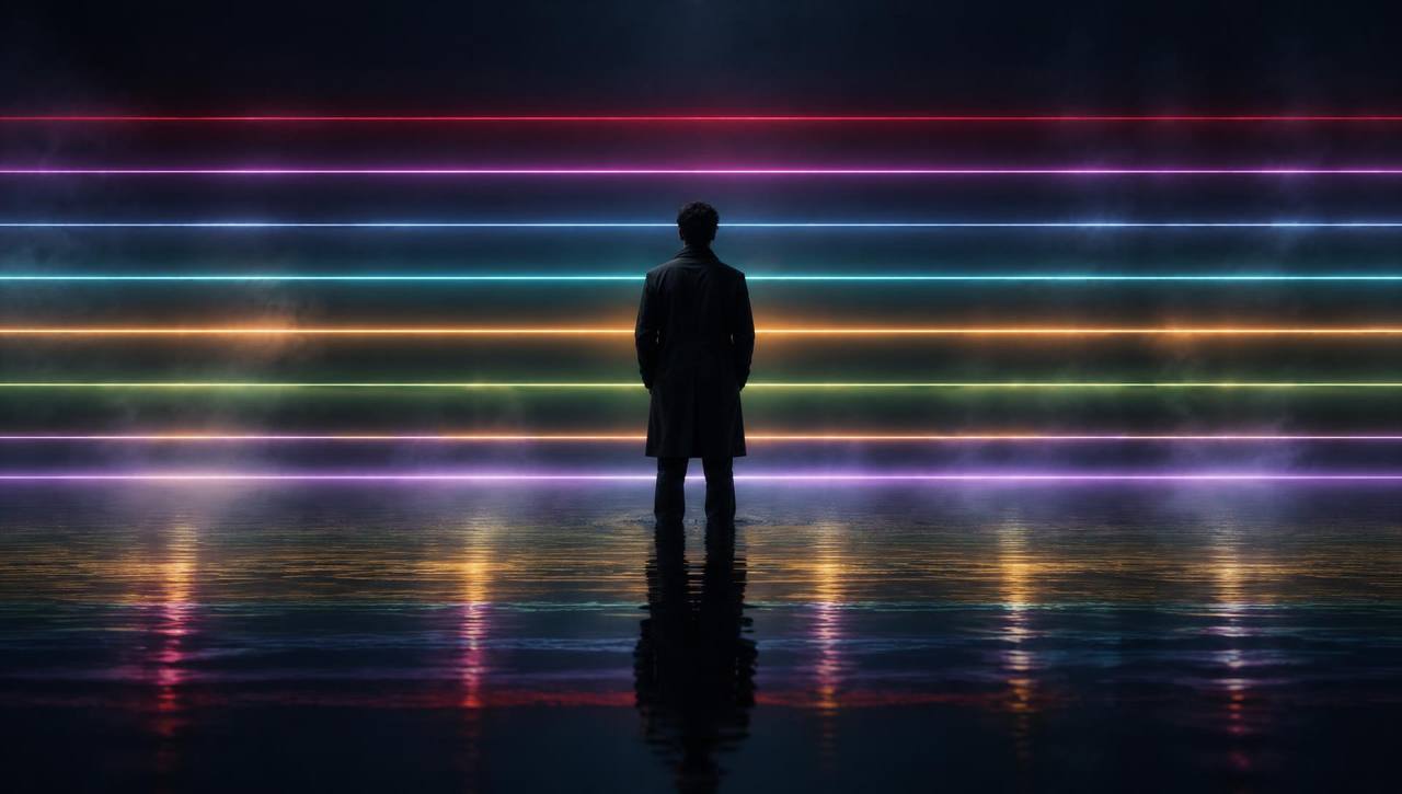 Uma pessoa de costas diante de uma superfície escura de água, refletindo oito faixas de luz coloridas