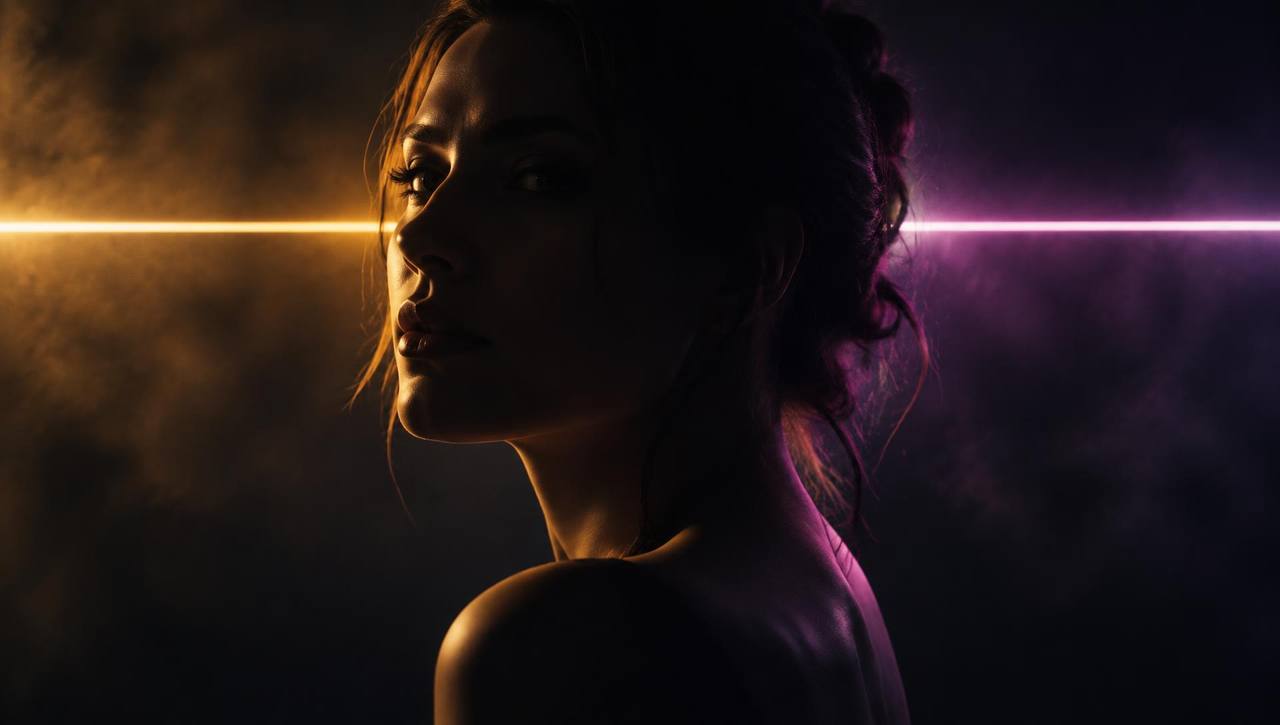 Silhueta de uma mulher de perfil, iluminada de um lado por luz dourada e do outro por luz magenta