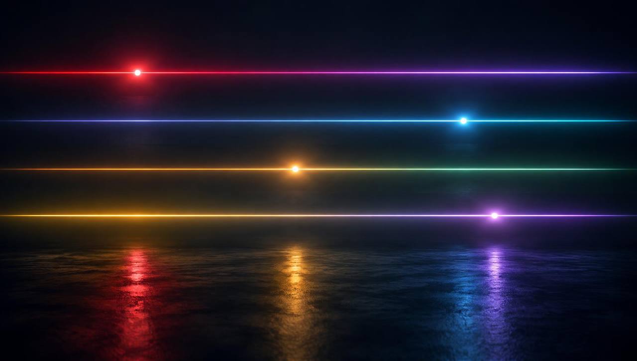 Quatro feixes horizontais de luz colorida sobre fundo escuro, cada um com um ponto brilhante em posição diferente